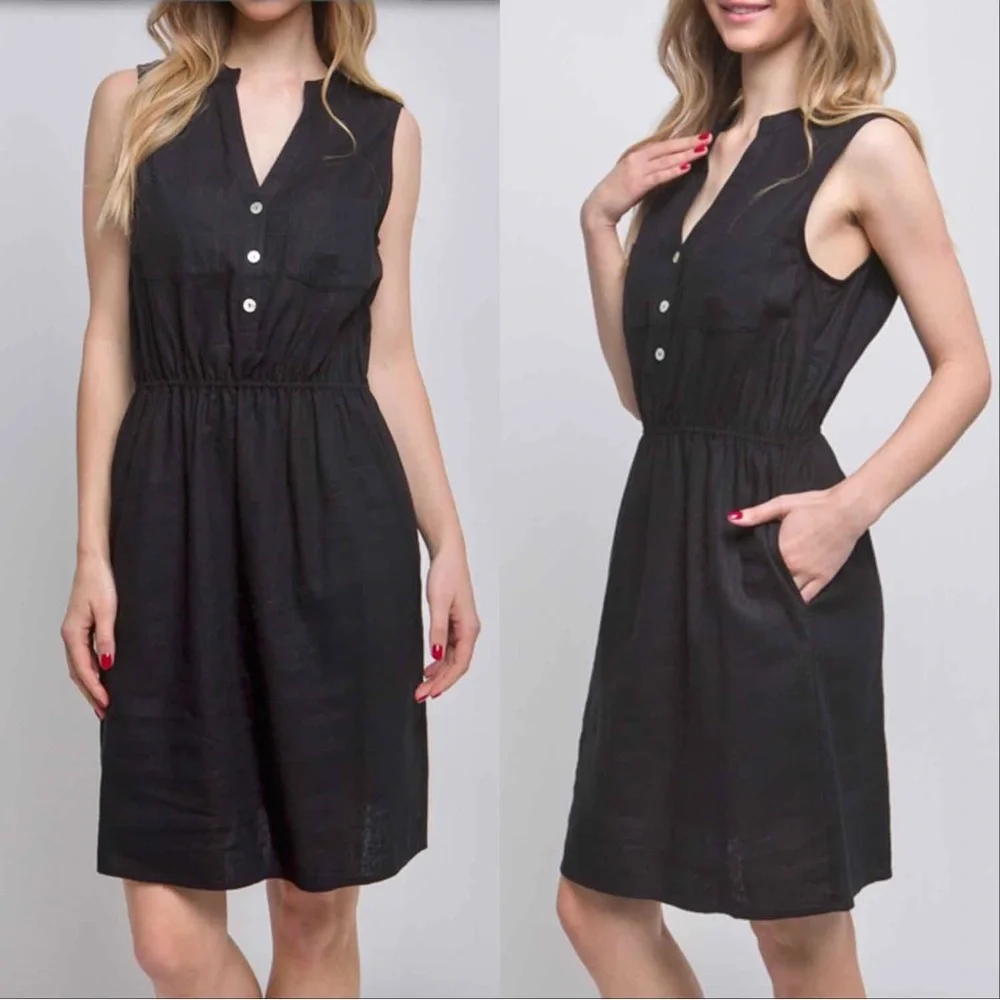 LINEN BLEND SLEEVELESS V NECK DRESS WITH POCKETS - BLACK - Picture 2 of 4